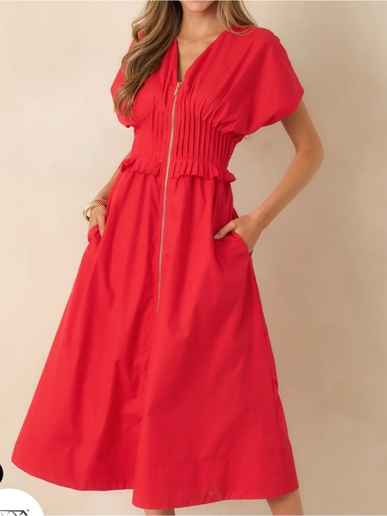 entro Dresses & Skirts - entro Red Zip-Front Midi Dress with Smocked Waist